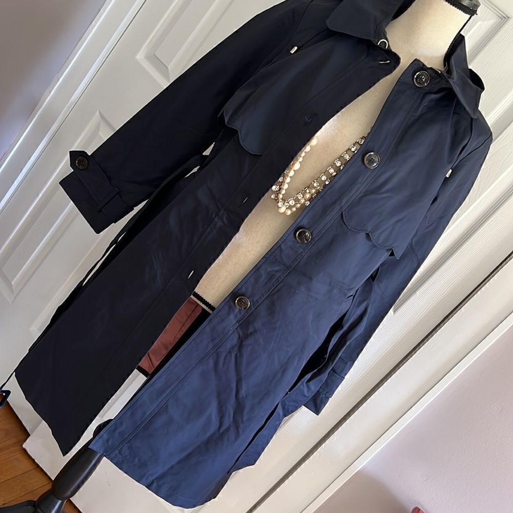 Kate Spade Scalloped Hooded Trench Coat Navy Blue Size S - Picture 16 of 16